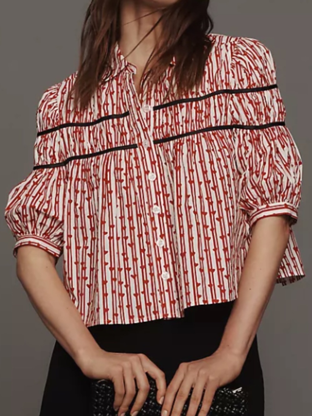 Anthropologie Maeve The Leandra Shirred Yoke Blouse in Red Hearts & Stripes (XS)
